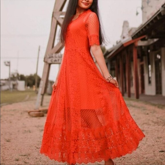 Maje Paris Revanti Red Lace v-neck short sleeve  maxi dress size 1 (small) - Picture 16 of 16